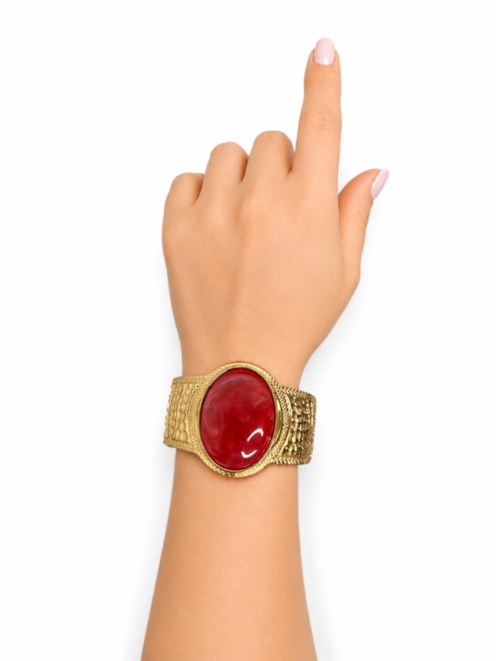 Gold Tone Red Stone Cuff Bracelet, Wide Statement Bangle, Vintage Boho
